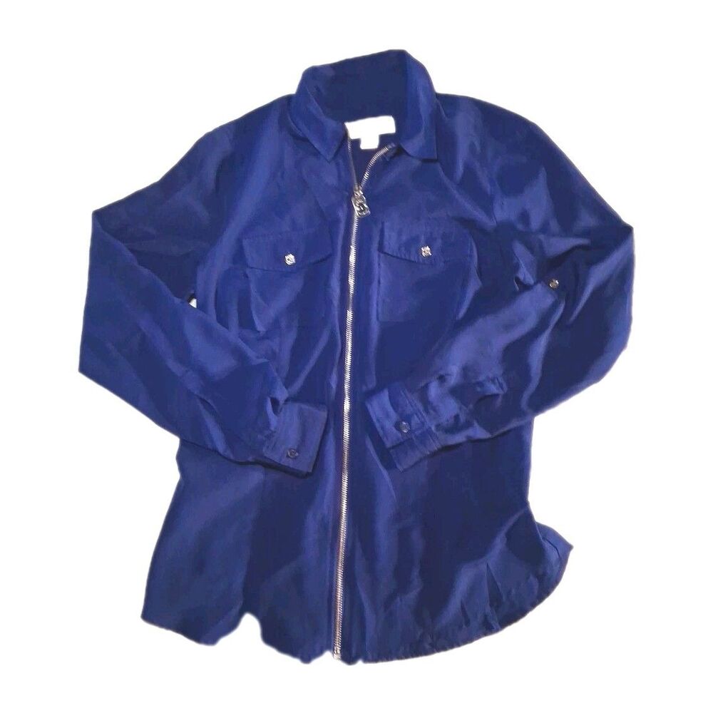 Michael Kors Royal Blue Full Zip Long Sleeve Shirt Blouse Sz 4